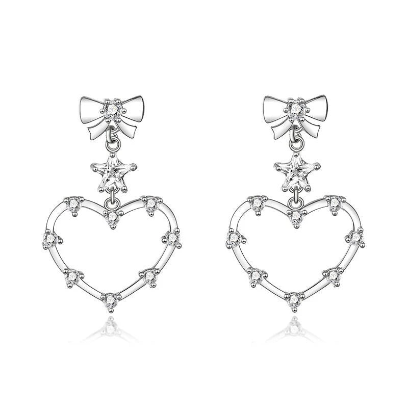 925 sterling silver bow knot five-pointed star zircon fashion simple heart-shaped stud earrings