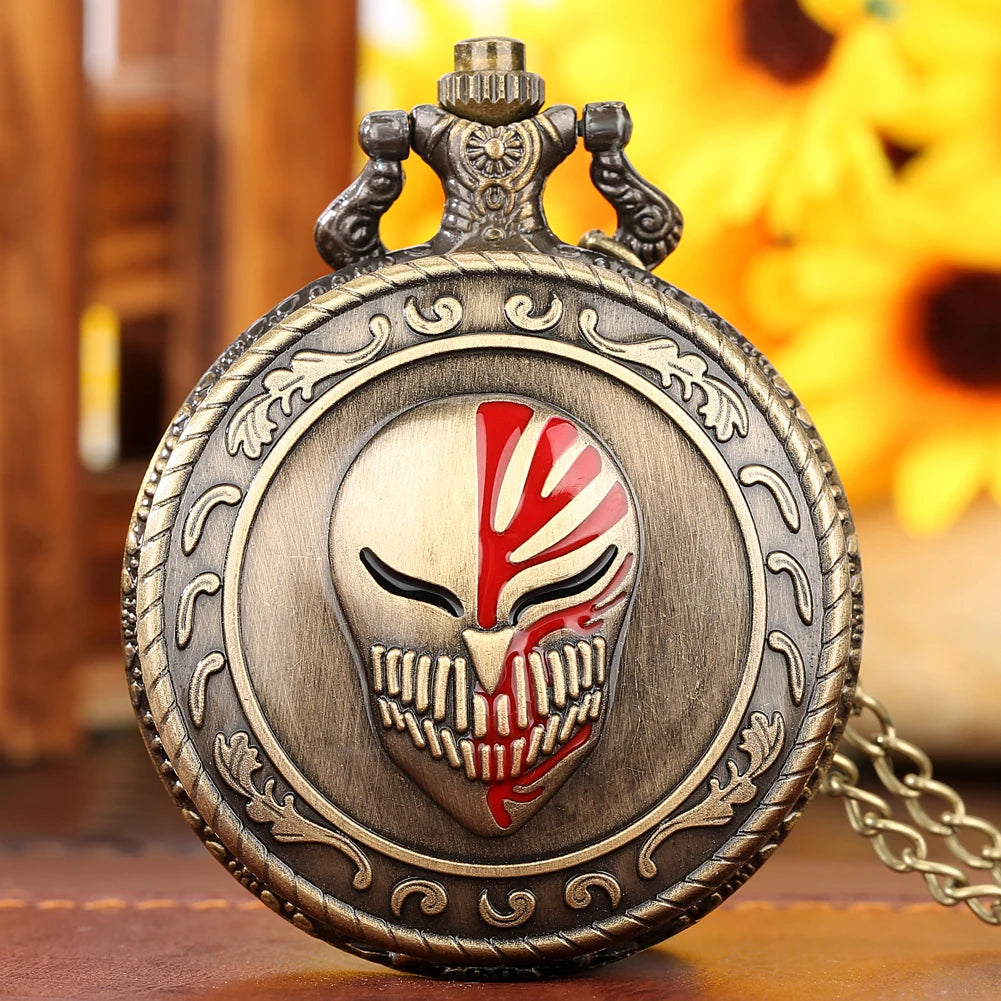 Mask Design Japan Anime Morden Pocket Watch With Neckalce Chain Bronze Steampun Pendant Locket Watch for Cosplay Gift