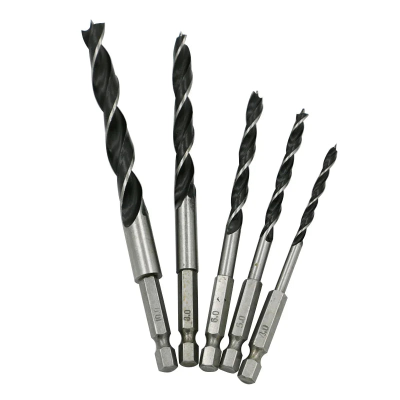 Wood Drill Bit Set 4mm 5mm 6mm 8mm 10mm Wood Plank Hole Special 1/4" Hex Shank Quick Change Three-point Woodworking Drill Bit