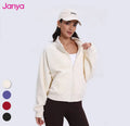 Janya Winter Female Sports Running Wear Loose Stand Collar Long Sleeve Shirts Zipper Pockets Yoga Fleece Sweatshirt Jacket MegaBDM