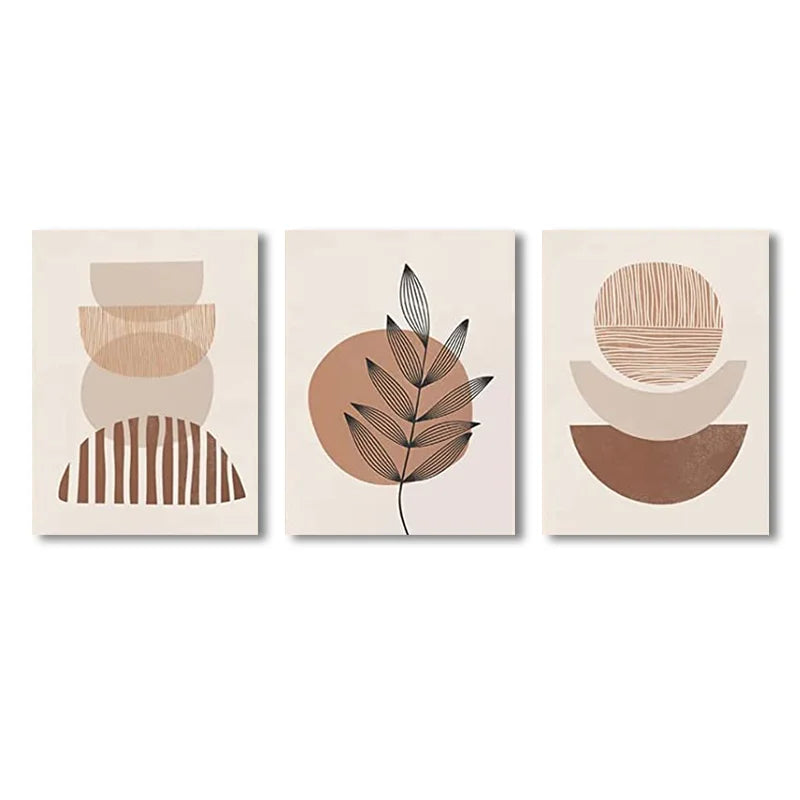 Minimalist Boho Watercolor Canvas Wall Art Set 3 Mid-Century Botanical Geometric Neutral Abstract Prints Room Wall Decor