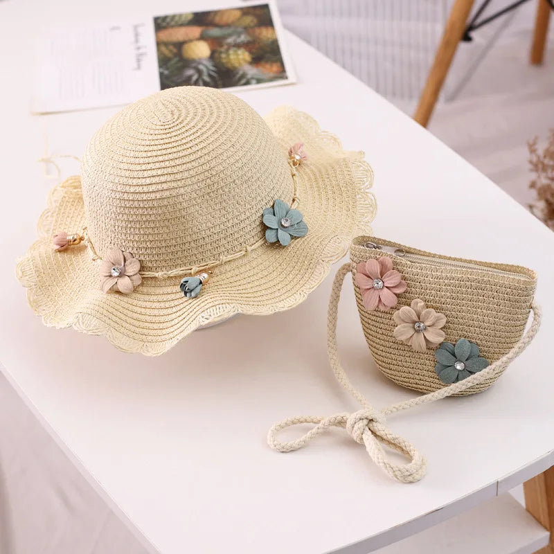 Summer Babygirl Breathable Straw Hats Tassel Flower Princess Hat and Straw Bag Two-piece Sets Straw Beach Hat for Kids