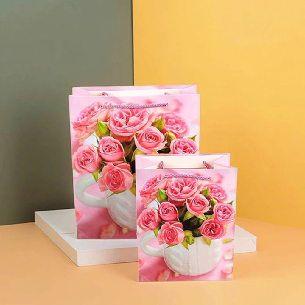 Multi Flower Rose Design Paper Tote Bag Flower Arrangement with Hand Gift Bag Party Birthday White Card Packaging Bag