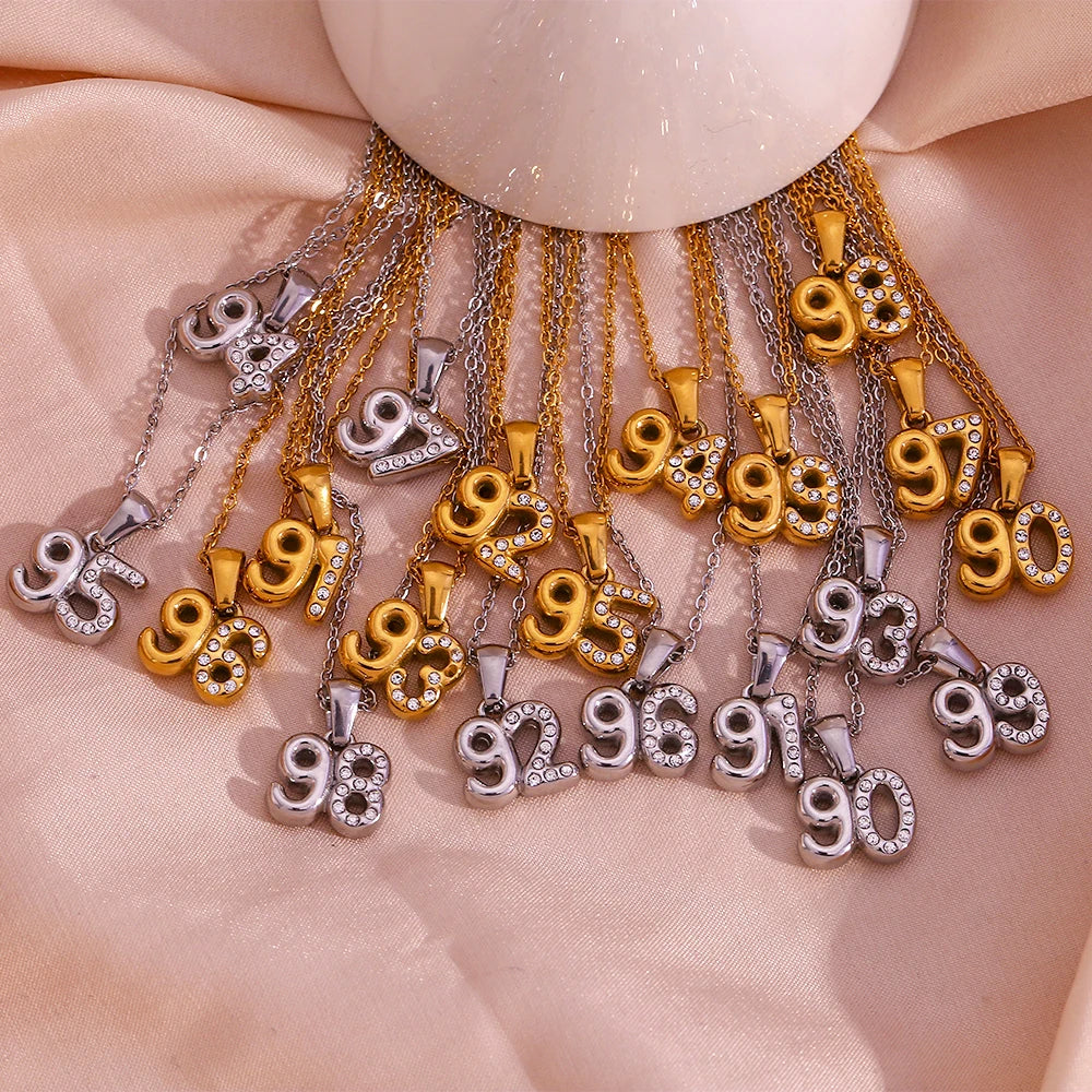 Spring Fashion Birth Year Necklace Crystal Rhinestone Soild Number Necklace Gold Plated Stainless Steel Jewelry