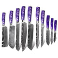 10 Pcs sharp Stainless Steel Purple Resin HandleDamascus Laser Pattern Santoku Chef Modern Knives Kitchen Knife Set