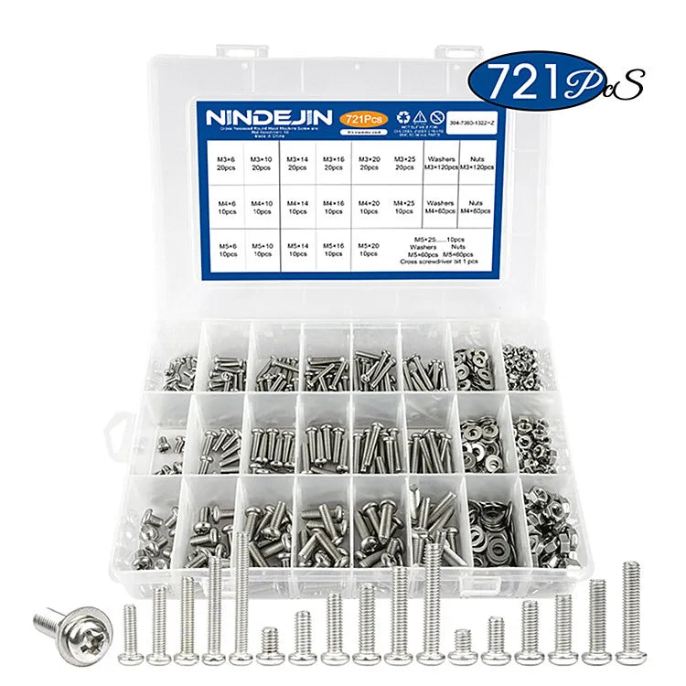 721pcs Stainless Steel Machine Screws Set M3 M4 Pan Head Three Combination with Washer Metric System DIN Standard
