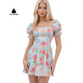 Custom Dress Manufacturer Ladies Summer Short Dresses Floral Printing Puff Sleeves Casual Dress for Women