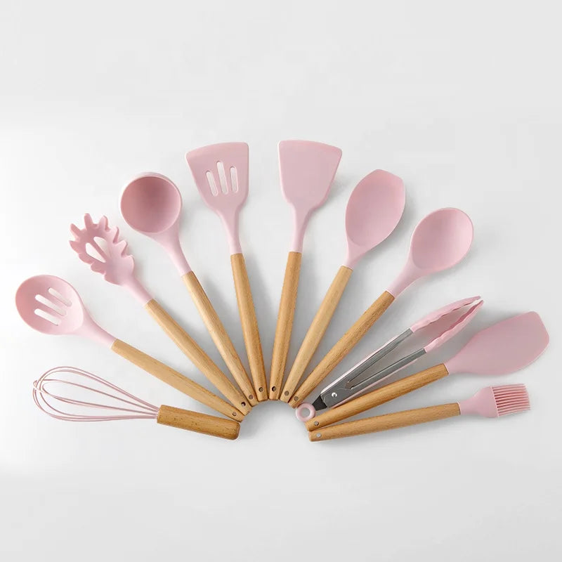 Wholesale 12pcs Silicone Cooking Utensils Kitchen Utensil Set Beech Wood Handles Cooking Tools Set