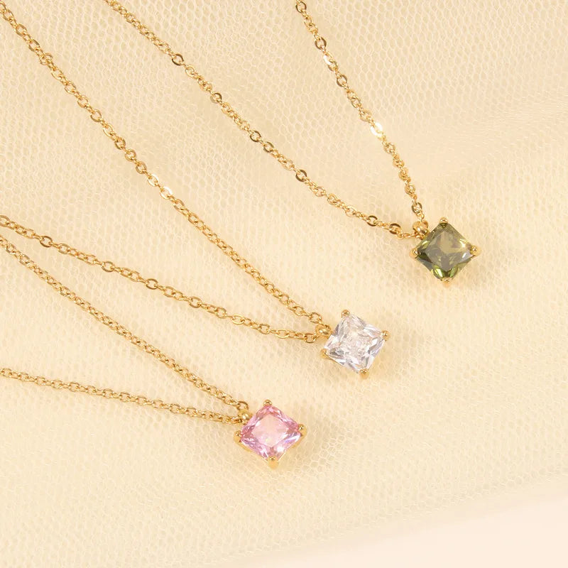 Fashion Simple Gold Plate Zircon Waterproof Stainless Steel Colorful Diamond Necklace for Women