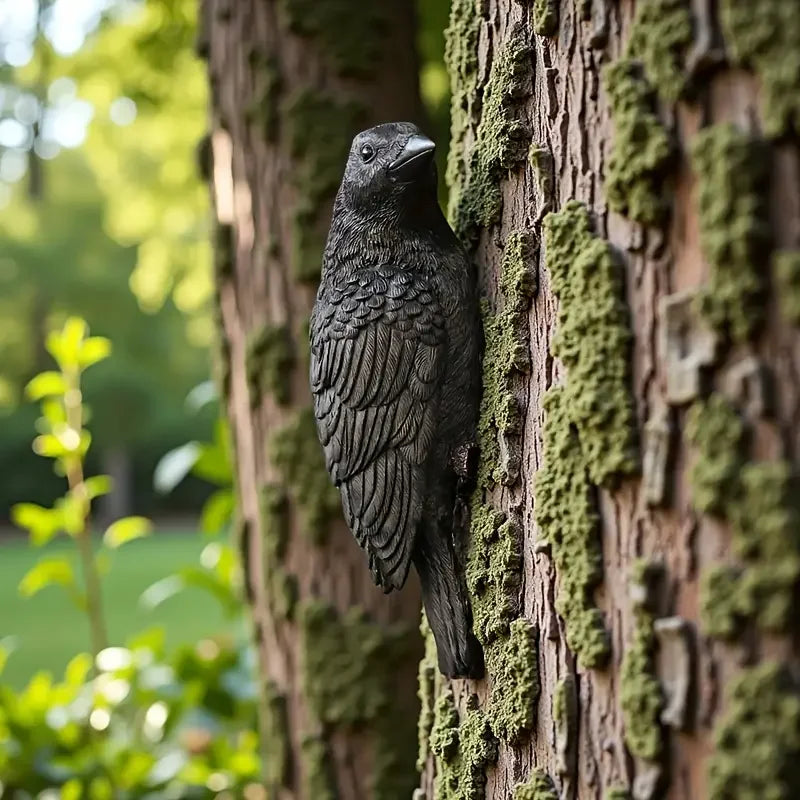 Lifelike Woodpecker Resin Sculpture on Tree Bark Realistic Bird Statue with Detailed Feathers Nature-Themed Garden Decor