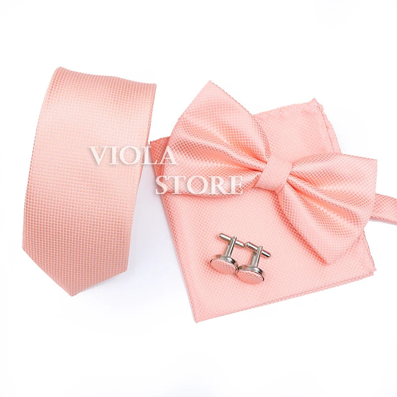 4 PCS Tie Set Solid Burgundy Salmon Pink 6cm Necktie Bowtie Hankie Cufflinks Polyester Men Suit Wedding Party Cravat Accessory