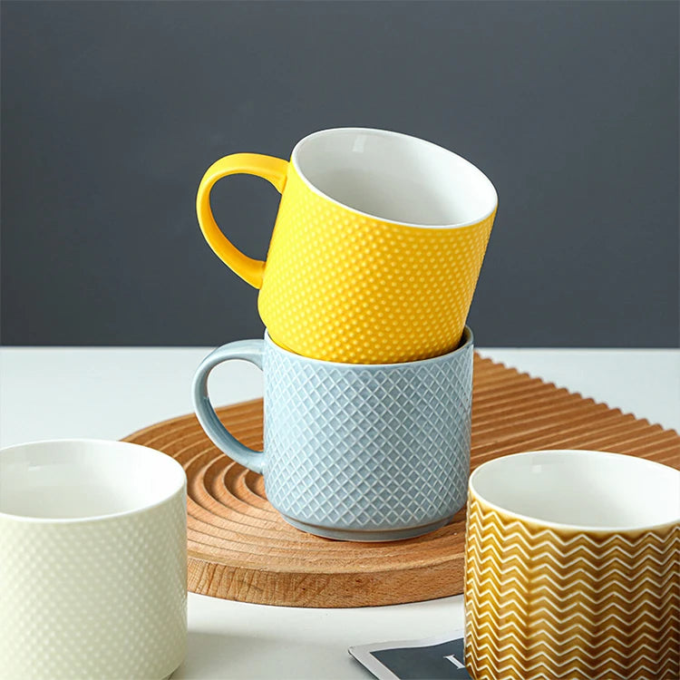European Style Embossed Color Glazed Stackable Ceramic Coffee Mug