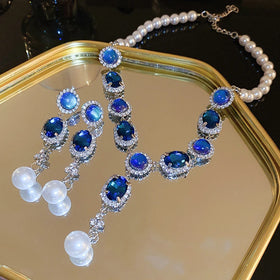 2024 New Arrival French Diamond Pearl Drop Necklace Earring Set Creative Collar Chain Luxury Palace Diamond Necklaces Jewelry