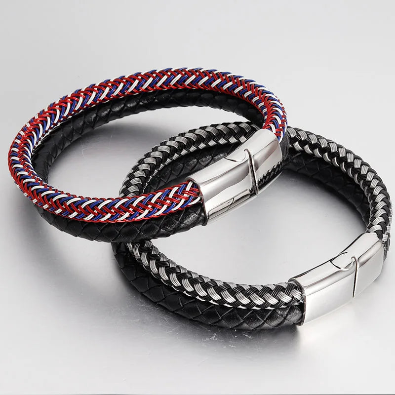 Men's Stainless Steel Silver Plated Punk Braided Magnetic Clasp Multilayer Woven Wrap Bangle Bracelet