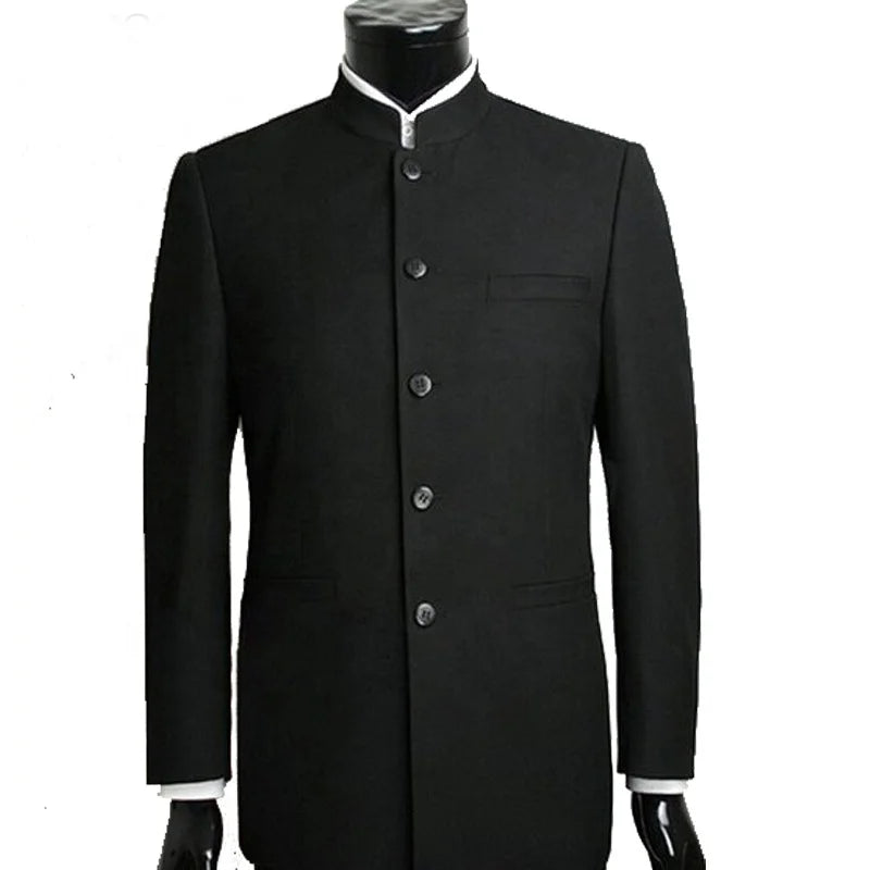 Black Tunic Men Suits Mandarin Collar for Gentleman 2 Piece Chinese Style Wedding Groomsmen Tuxedo Jacket Pants Mao Suit