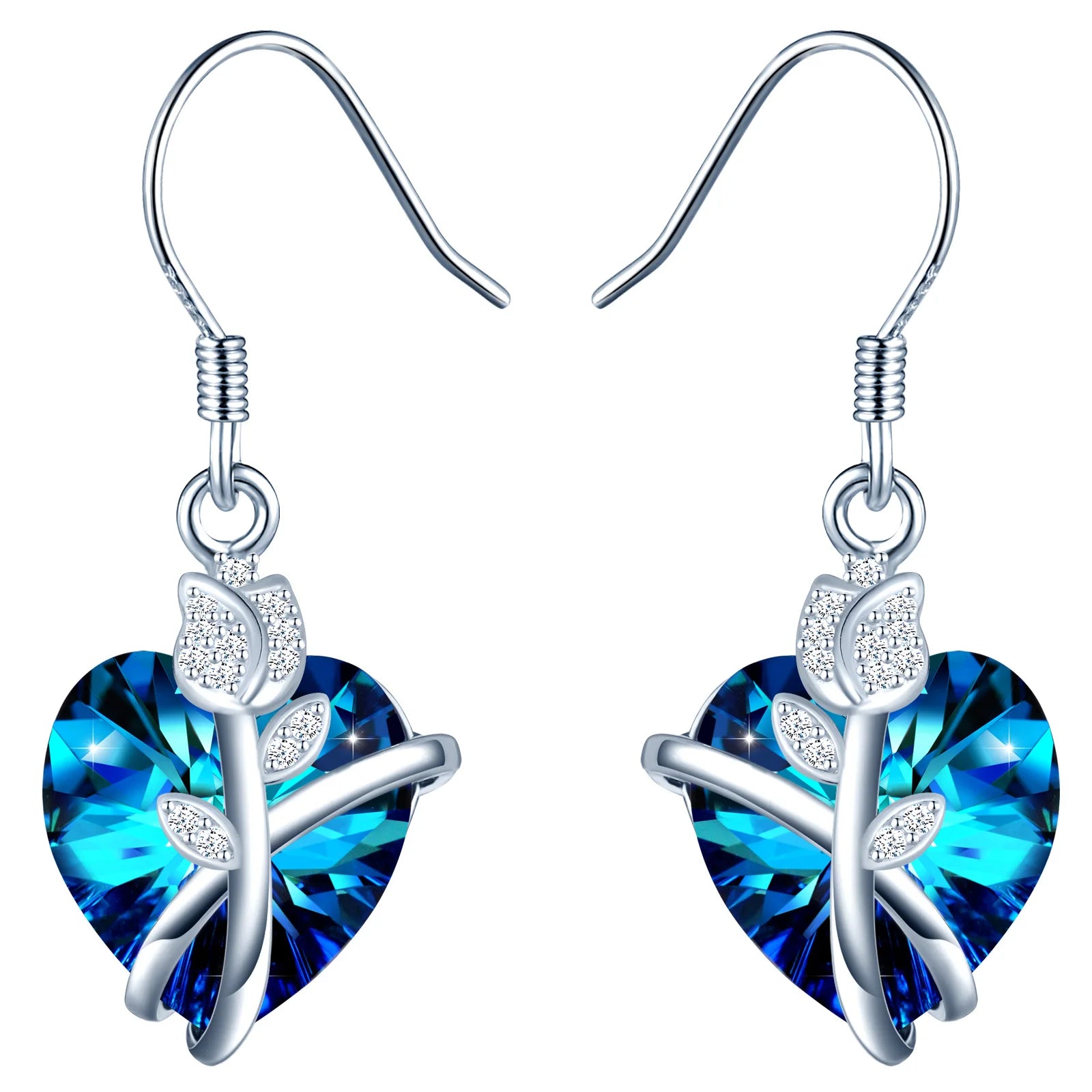 2022 Fine Jewelry 925 Sterling Silver Rose Flower Blue Heart Crystal Drop Earrings for Women
