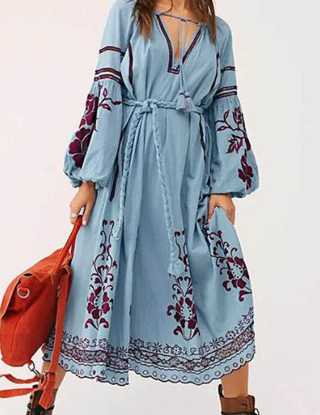 Lantern Sleeves Beach Dresses Women Summer Bohemian Casual Party Maxi Modest Dress