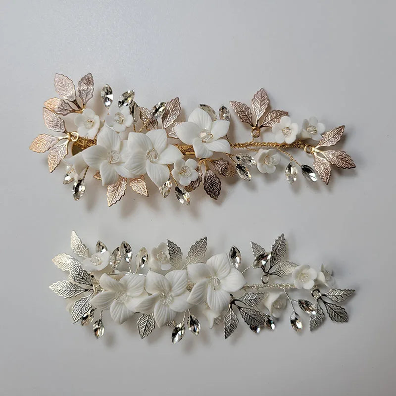 SLBRIDAL Handmade Ins Style Alloy Ceramic Flower Crystal Bridal Hair Clip Barrettes Wedding Headpieces Women Hair Accessories