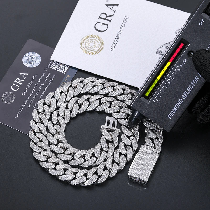 Hot Selling Men Hip Hop Jewelry Bling 15mm Sterling Silver VVS Moissanite Iced Out Cuban Link  Chain Necklace With Certificate