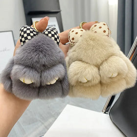 Lovely 12cm Rabbit Keychain With Cute Bow Fluffy Real Fur Pompon Bunny Trinket Key Ring Charm Cute Ring on Bag Car Key Pendant