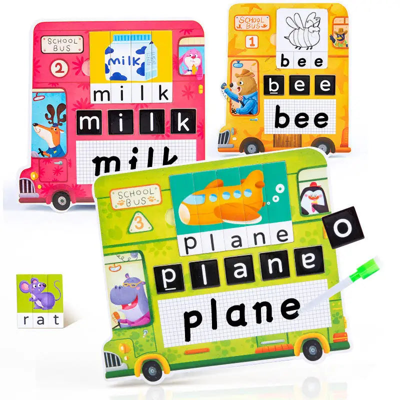 Montessori Children's School Bus Alphabet Spelling Puzzle Book Game Educational Drawing Writing Practice Learning Toys for Kids