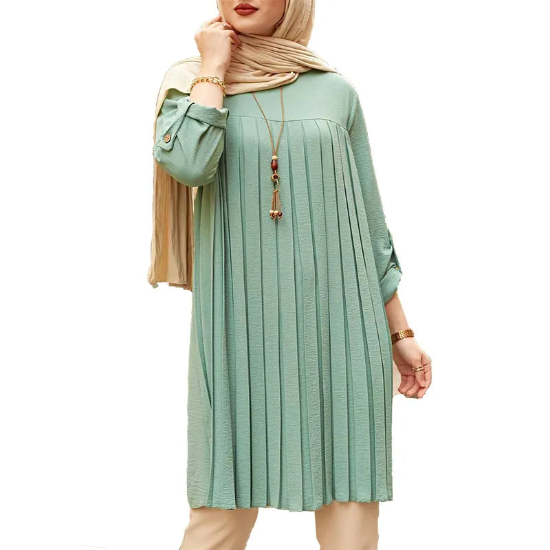 Muslim Casual Plus Size Women Clothing Pleated Loose Round Neck Comfortable Blouse Long Sleeves Women Tops