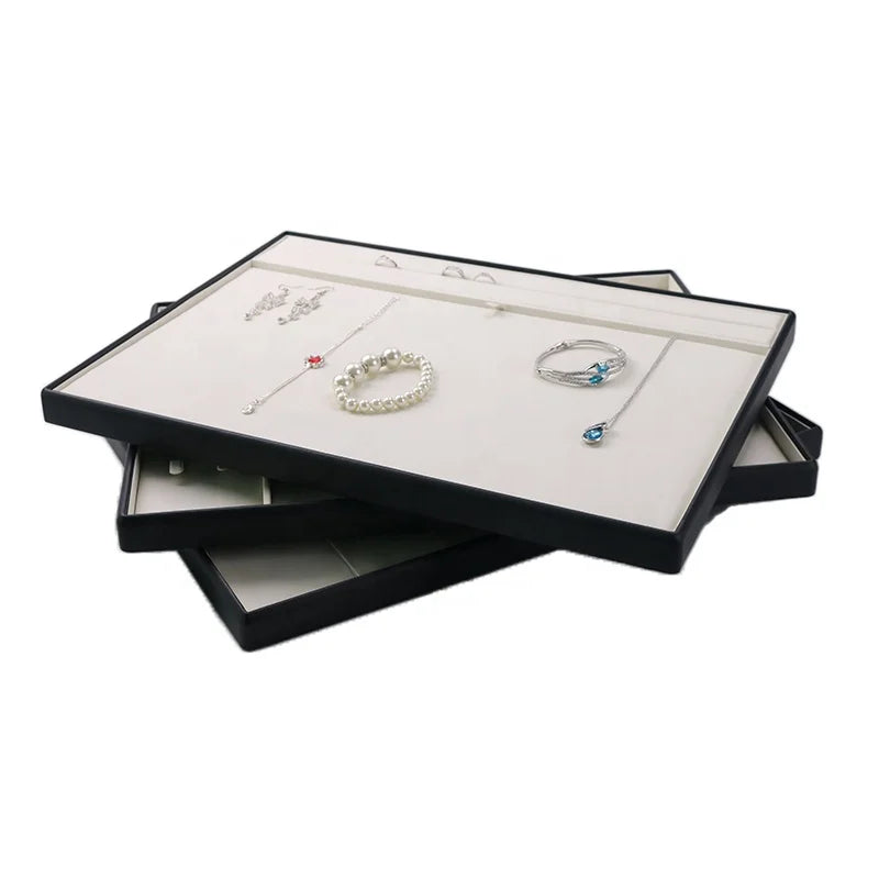 Luxury PU Leather Wood Frame Handmade Jewelry Tray for Ring and Necklace Display with Customizable Size & Logo