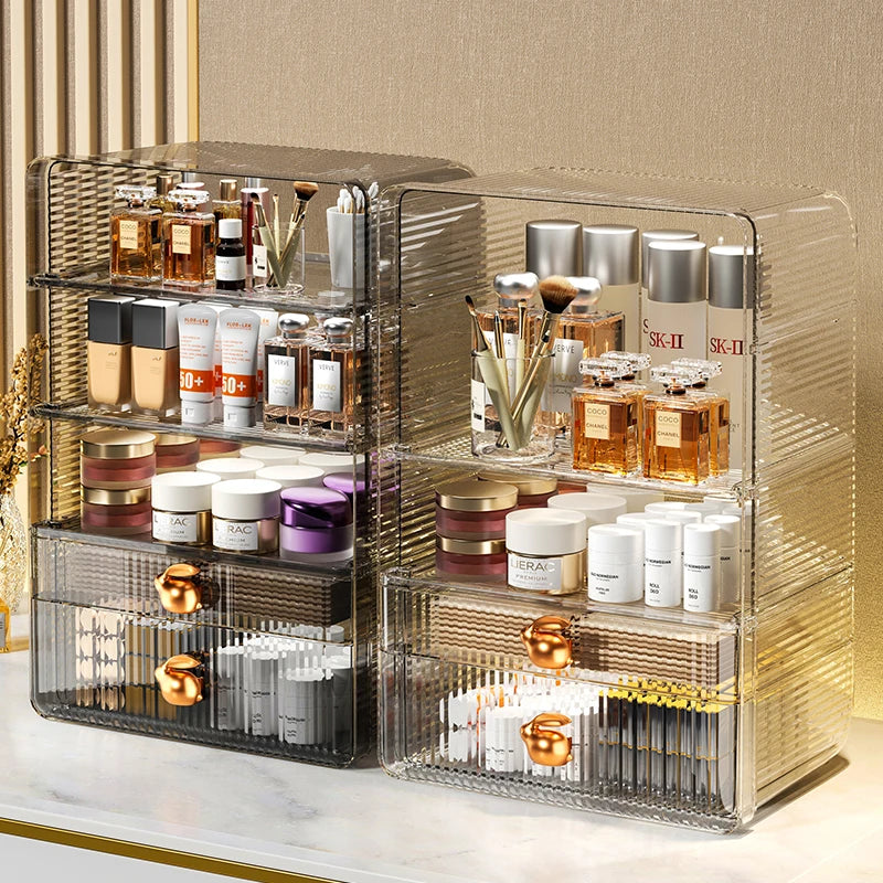 Clear Plastic Cosmetic Organizer with Drawer Desktop Makeup Storage Cabinet Transparent Vanity Case for Skincare Jewelry Display