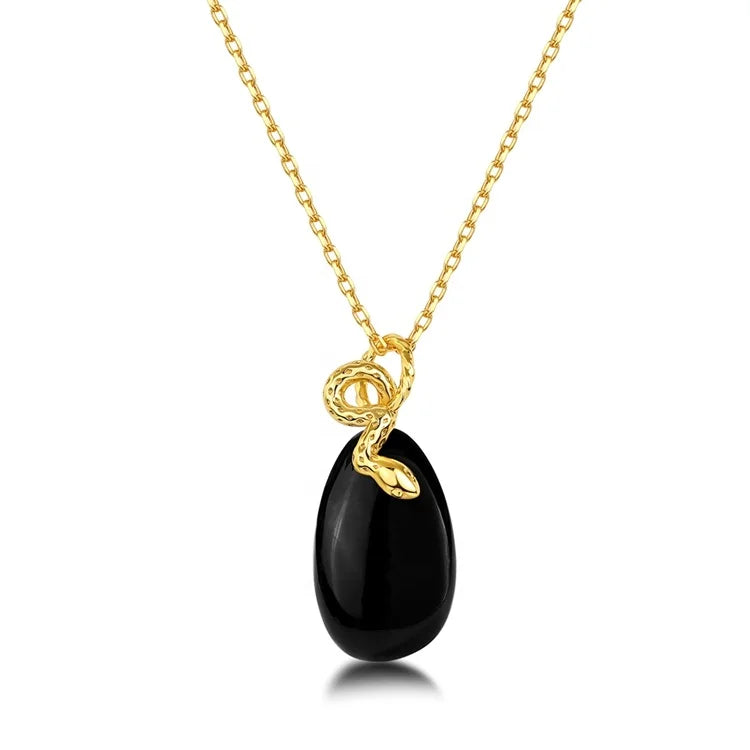 Unique Animal Women Snake Gemstone Pendant High-quality Gold Plated Natural Black Agate Pendant in 925 Sterling Silver