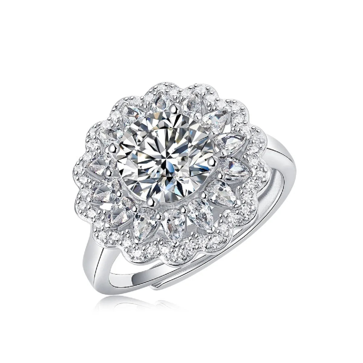 Sterling Silver 925 Fine Jewelry Lovers Romantic Flower Shaped Design 2ct Moissanite Adjustable Rings for Women Engagement Gift