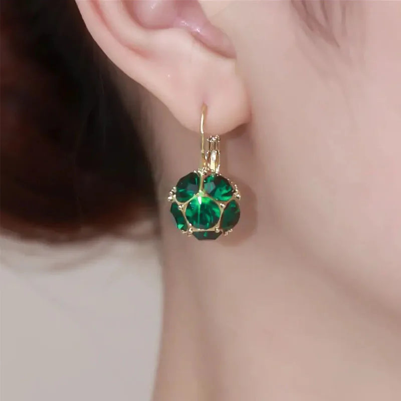 Chic Jewelry Women Green Crystal Ball Pendant Earrings Gold Plated Rhinestone Geometric Hoop Earrings for Birthday