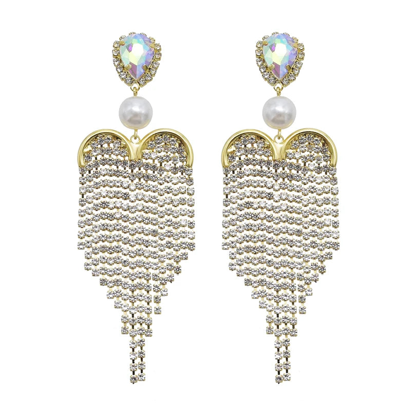 Fashion Luxury Shiny Wedding Pearl Crystal Long Tassel Earrings Statement Dangle Earrings Jewelry Accessories For Women