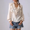 RNSHANGER French Embroidered Shirt Blouses for Women Summer Apricot Long-sleeve Lace-up V-neck Ruffle Ladies Blouses