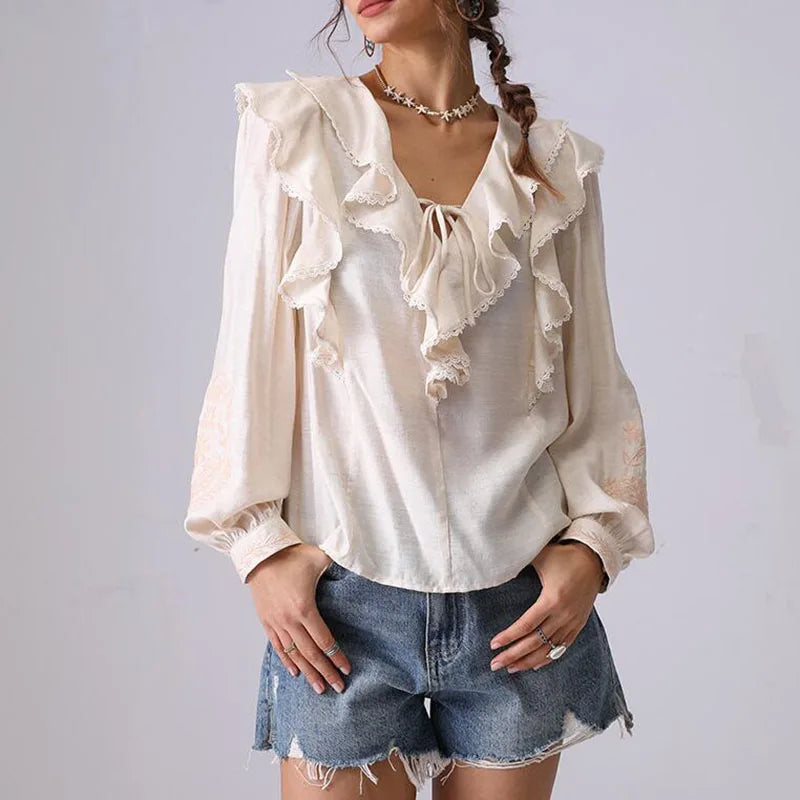 RNSHANGER French Embroidered Shirt Blouses for Women Summer Apricot Long-sleeve Lace-up V-neck Ruffle Ladies Blouses