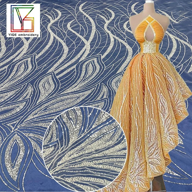 French Wedding Beads Sequins Lace Fabrics Tulle Embroidery Bridal Fabrics Lace Fabric for Wedding