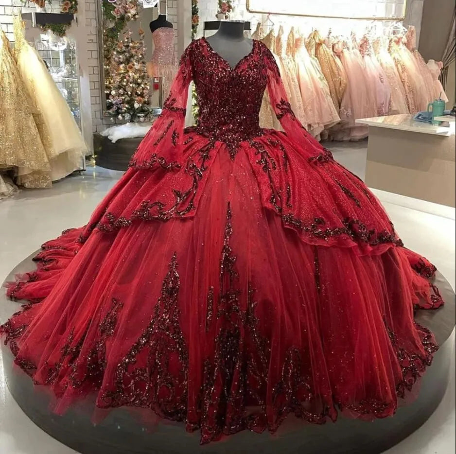 Appliques Sweet 16 Dress Pageant Gowns Elegant Long Sleeve Burgundy Beaded Puffy Ball Gown Quinceanera Dresses MQ119