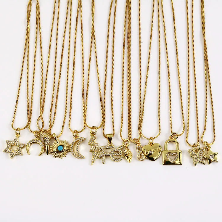 NZ1113 Mini CZ Micro Pave Charm Necklace 18k Gold Plated Minimal Women Jewelry Diamond Star Heart Lock Pendant Chain Necklace
