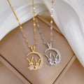 Trendy Cute Little Rabbit Bunny All Zircon Moon Silver Pendant Stainless Steel Chain Necklace Jewelry Accessories for Women