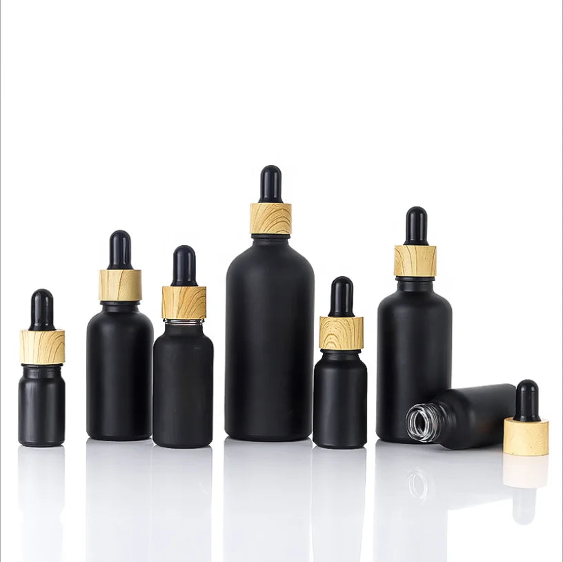 Cosmetic Skincare Packaging 18mm Matt Black Glass Dropper Bottle for Essential Oil and Skin Care Serum 15ml 30ml 50ml