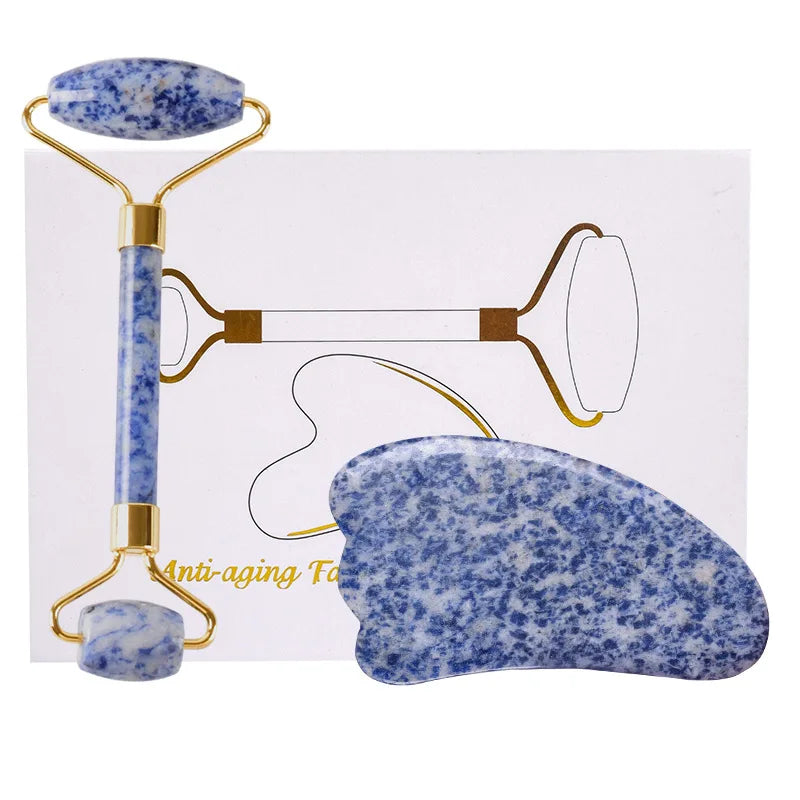 Private Label Natural Blue SodaliteJade Roller and Gua Sha Set Facial Lift Face Slimming Tool Gus Sha Board Set