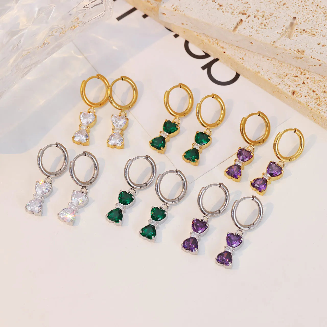 Luxury Simple Gold Plated Stainless Steel Earrings Ladies Occidental Style Bowknot Zircon Earrings for Women Jewelry Party Gift
