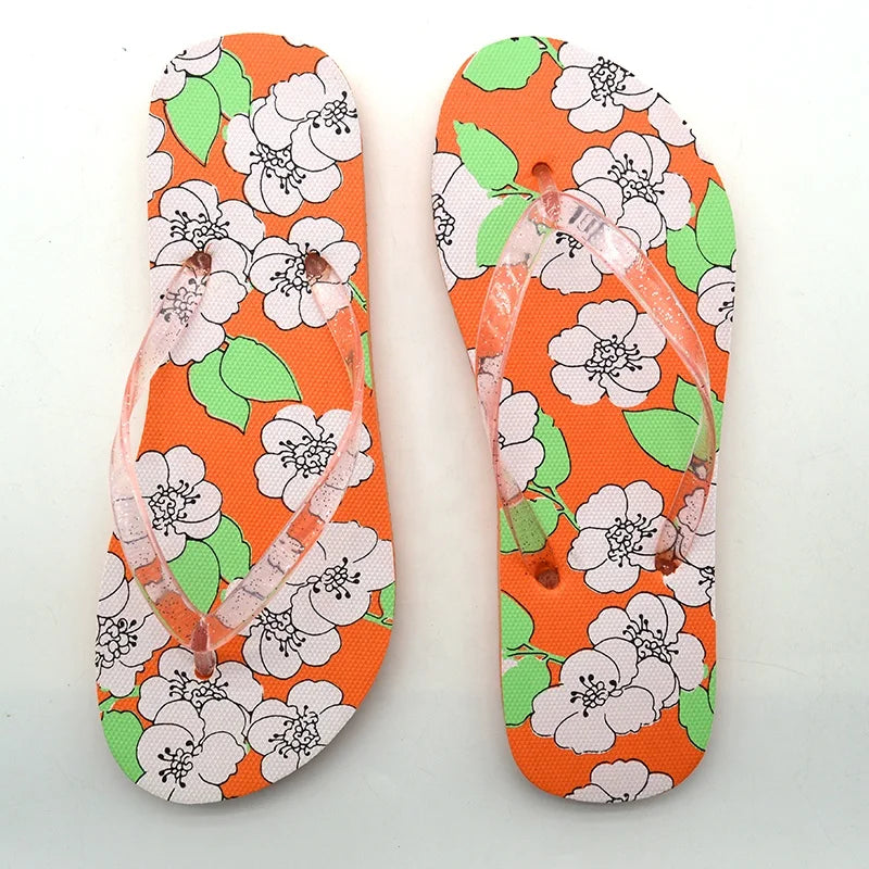 Ladies Summer Autumn PVC Strap Flip Flops Fashion Trend Full Print Design Women's Slip-on Flat Sandal Promotion Beach Sandal