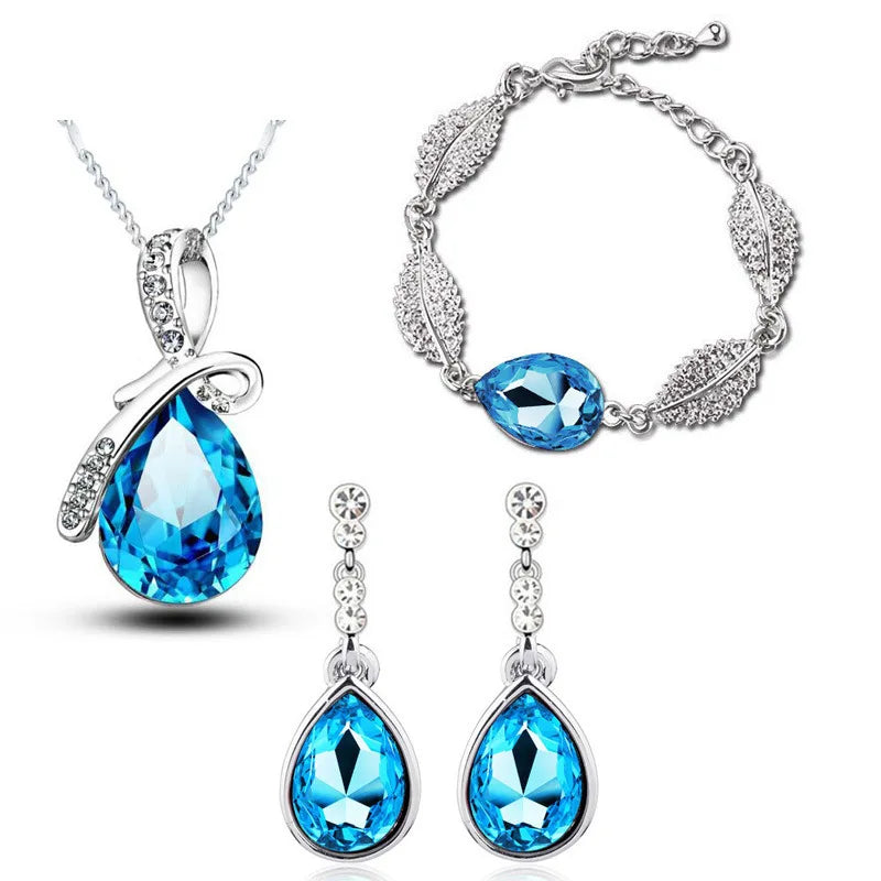 Women's Shiny Crystal Rhinestone Silver Plated Pendent Chain Necklace Tassel Earring Zircon Fashion Jewelry Set