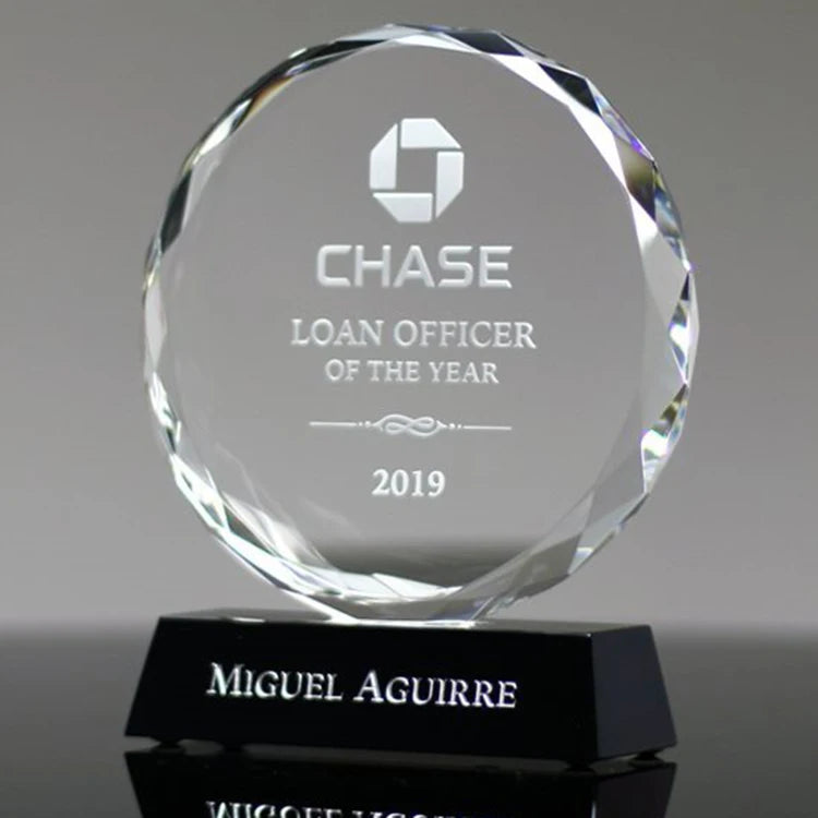 MH-NJ00450 Custom Engraving Appreciate Crystal Awards Round Glass Trophy with Black Base
