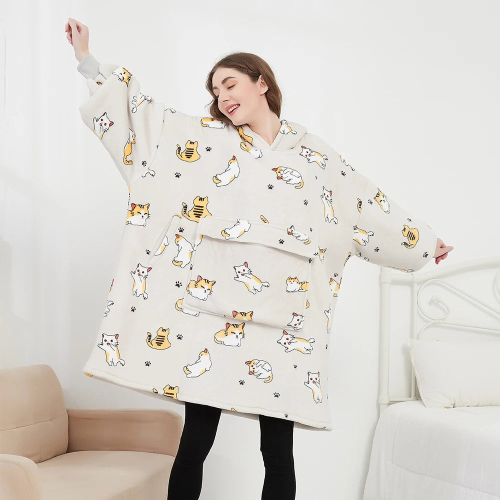 Adult Oversized  Winter Warm Outdoor Pocket Hooded Wearable Hoodie Blanket Sweatshirt Prints Wholesale Waiming Blanket Hoodie
