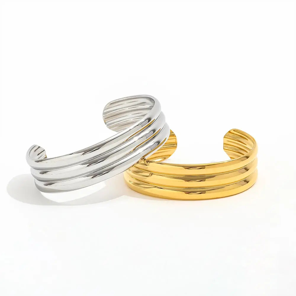 18K Gold Plated Stainless Steel 3 Layer Cambered Cuff Bracelet High-End Trendy Geometric Charm Bangle Jewelry Gift