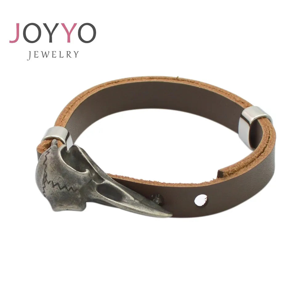 Men's Genuine Leather Wrap Bracelet Adjustable Stainless Steel Raven Head PU Leather Bracelet