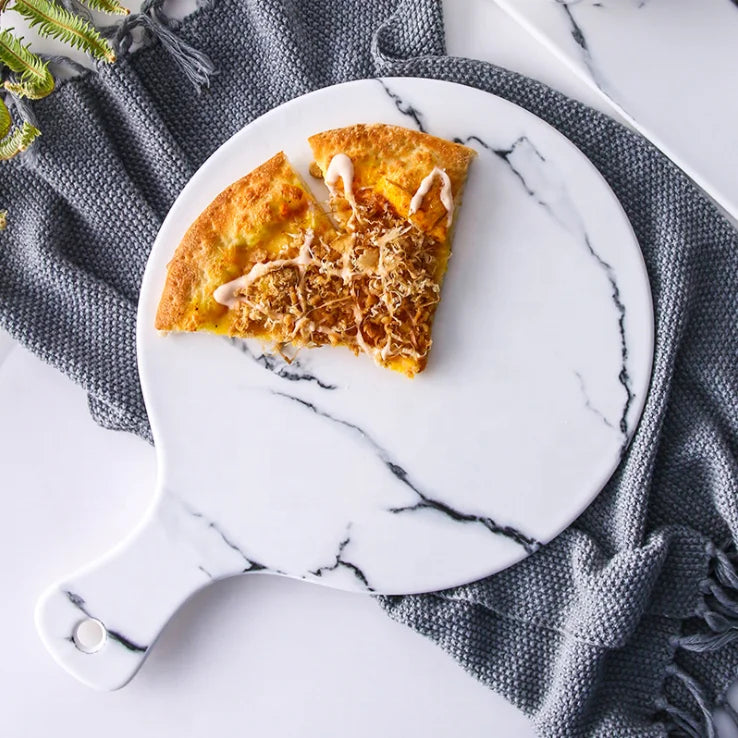Breakfast Plate Breadboard Cutting Board Steak Pizza Tray Fruit Plate Marbled Ceramic Plate with Handle Eco-Friendly Party Use