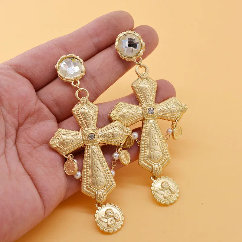Wholesale Metal Alloy Large Big Dangling Cross Earrings Women