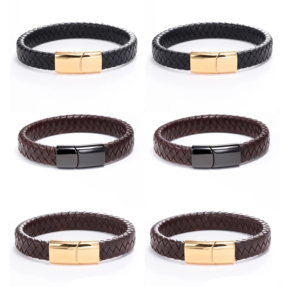 Men's Leather Braided Bracelet Magnetic Buckle Wrap Braid Silver Gold Black Gift for Boyfriend Father Dad Fashion Wrap Bracelet